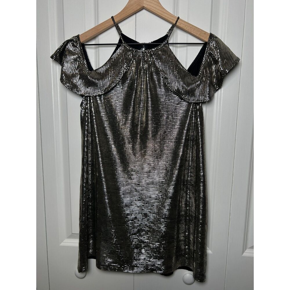 Everly Metallic Cold Shoulder Off The Shoulder Ruffle Sleeve Party Dress